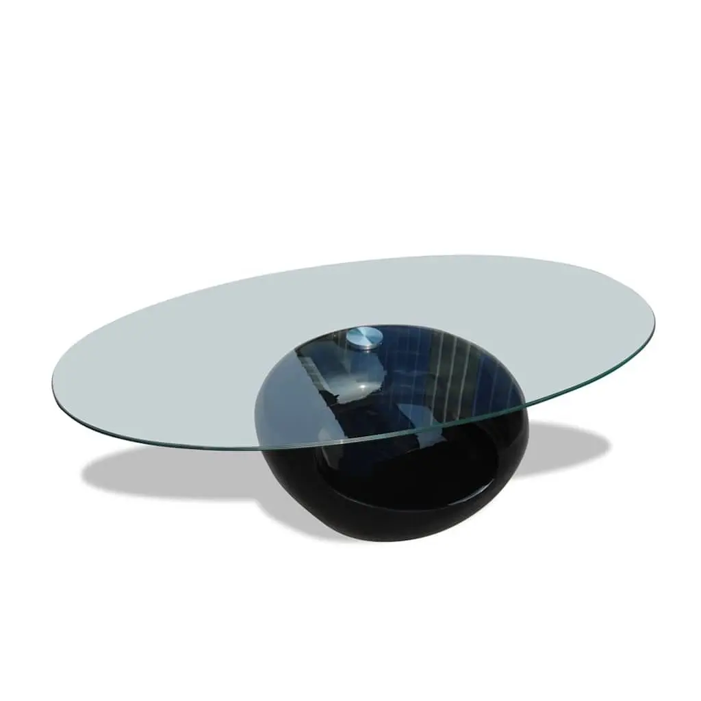 Oval Coffee Table with Glass Top Modern Black High Gloss Living Room Accent