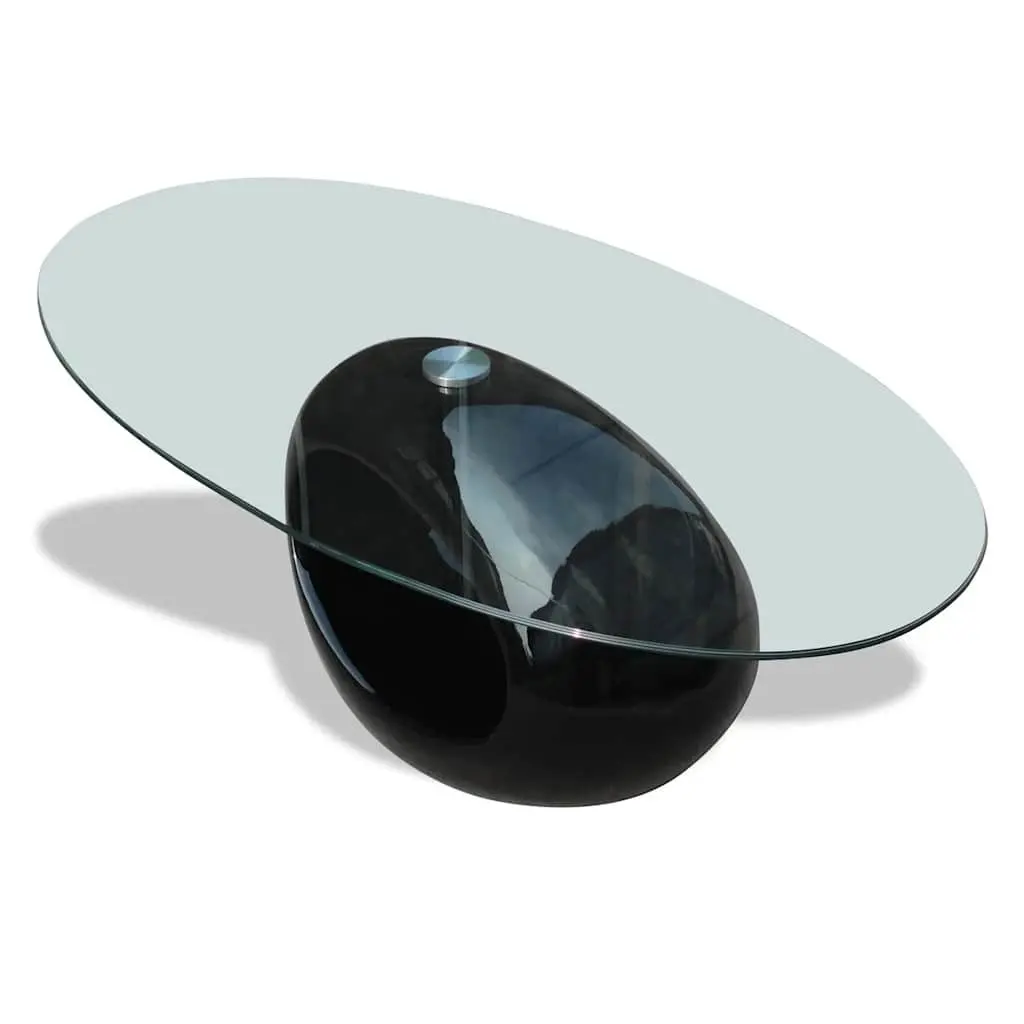 Oval Coffee Table with Glass Top Modern Black High Gloss Living Room Accent