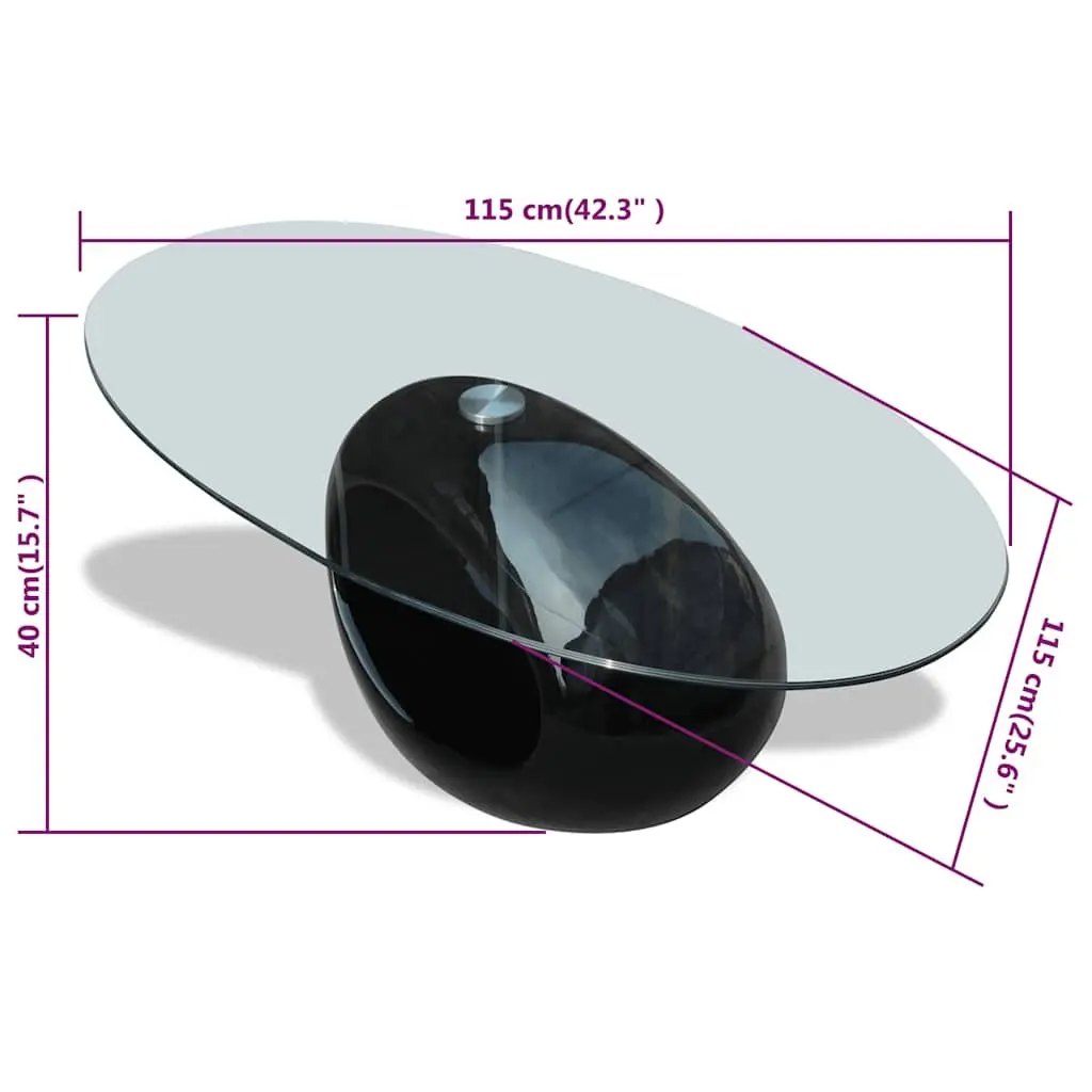 Oval Coffee Table with Glass Top Modern Black High Gloss Living Room Accent