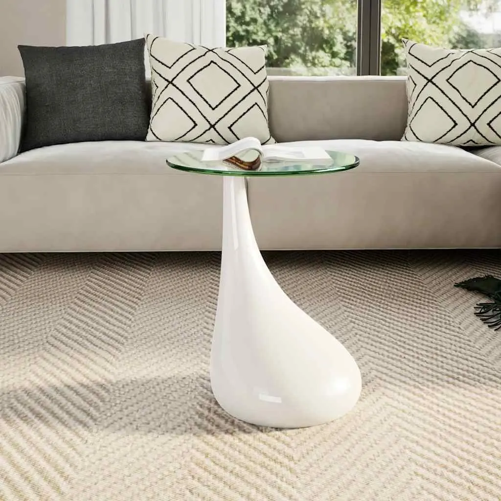 Coffee Table Round Glass Top White High Gloss Water Drop Base Living Room Accent