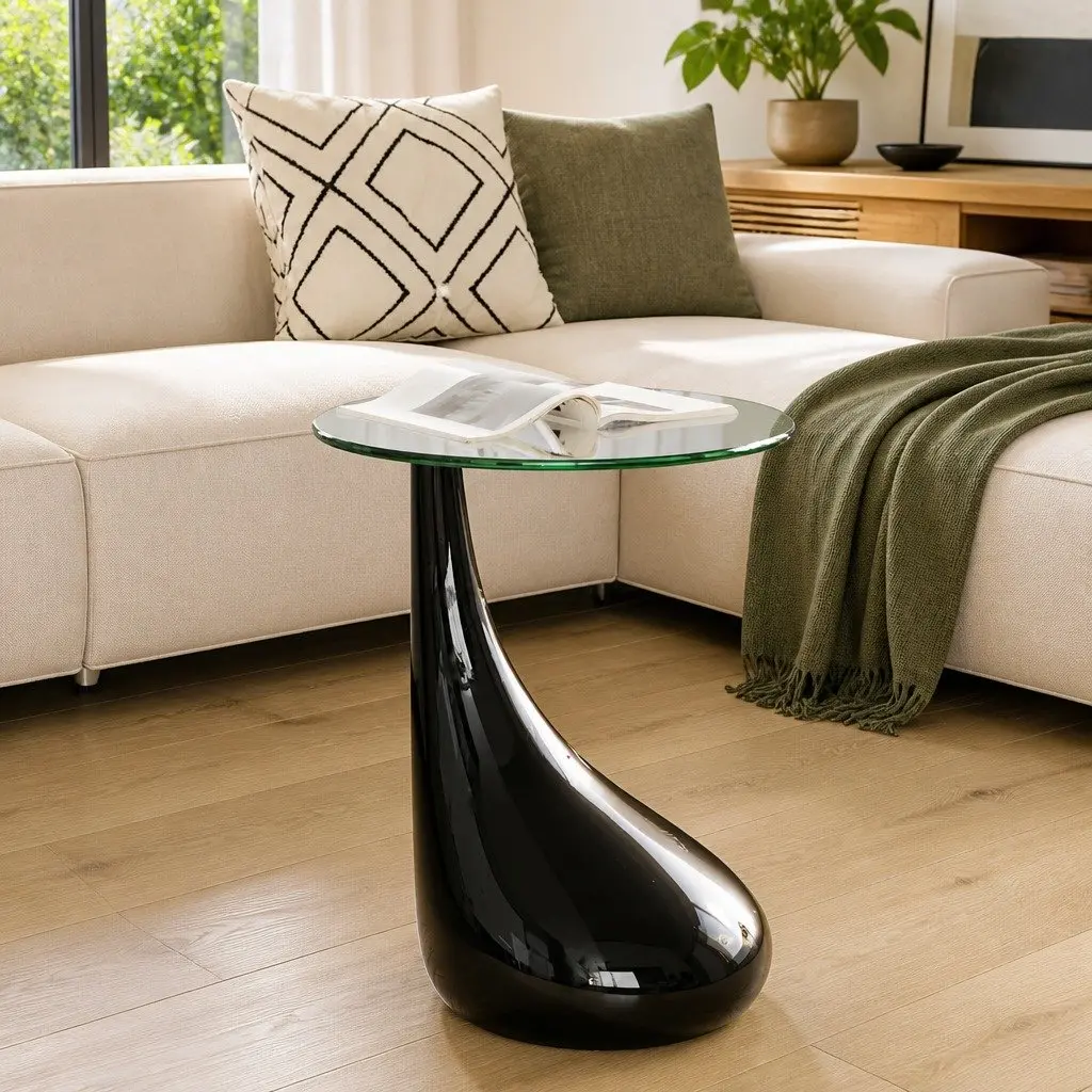 Coffee Table Round Glass Top High Gloss Black Water Drop Base