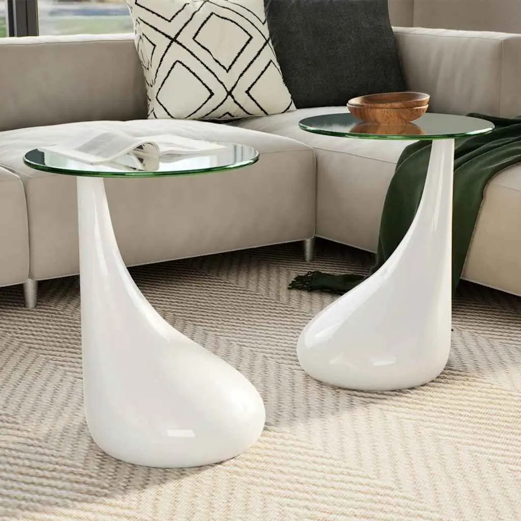 Coffee Table Set 2 pcs Round Glass Top High Gloss White Water-Drop Base