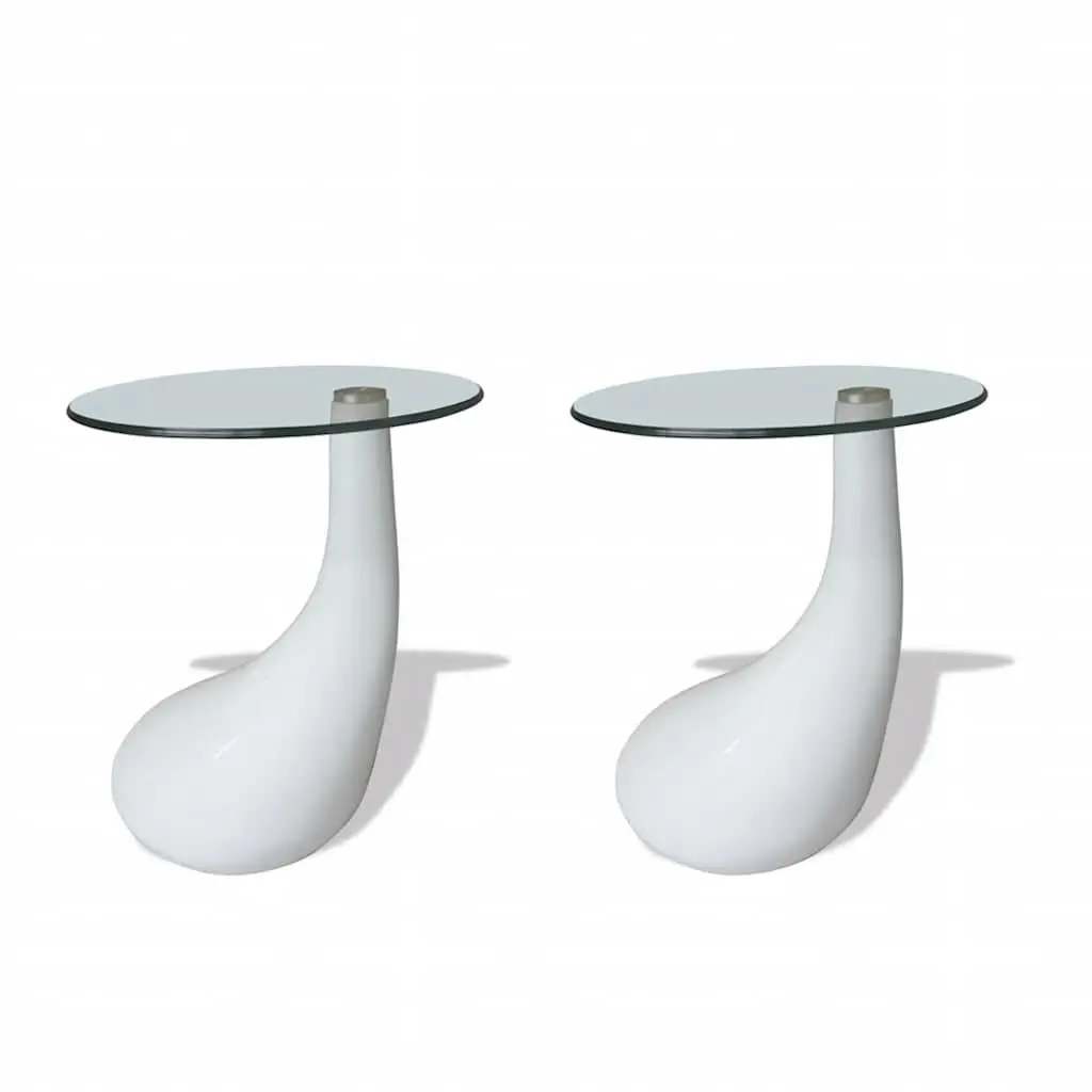 Coffee Table Set 2 pcs Round Glass Top High Gloss White Water-Drop Base