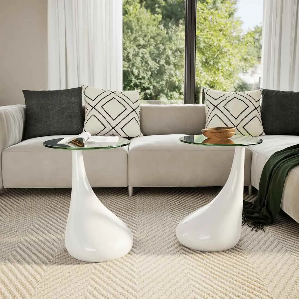 Coffee Table Set 2 pcs Round Glass Top High Gloss White Water-Drop Base