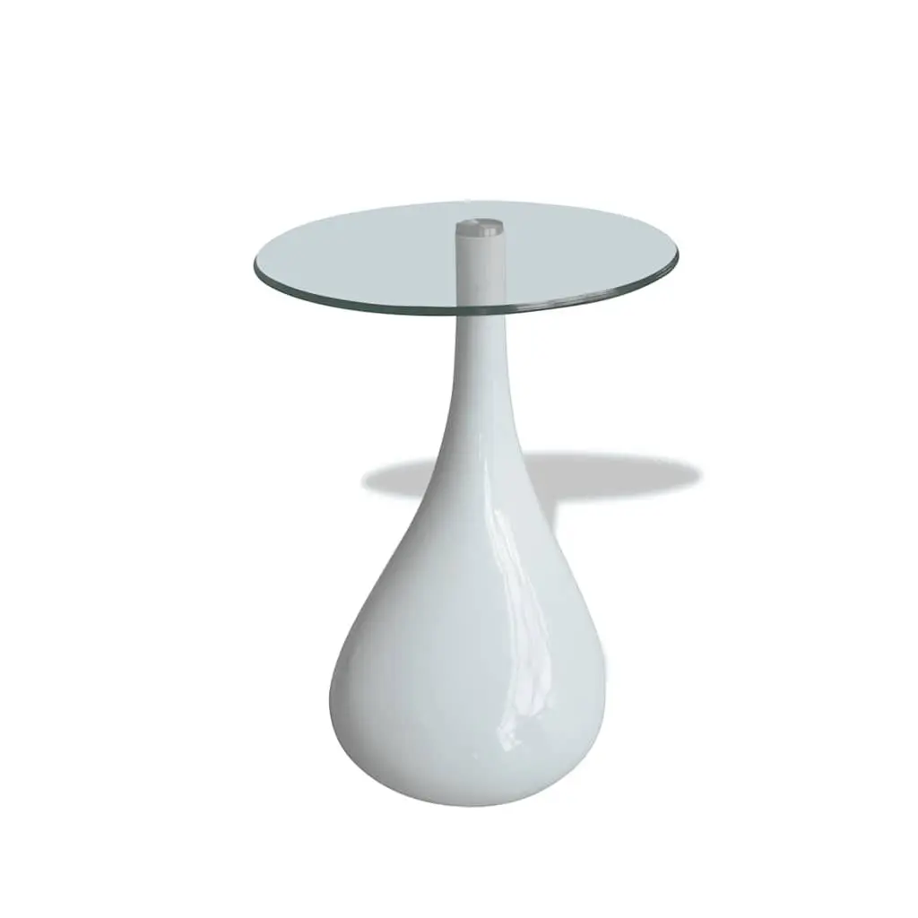 Coffee Table Set 2 pcs Round Glass Top High Gloss White Water-Drop Base