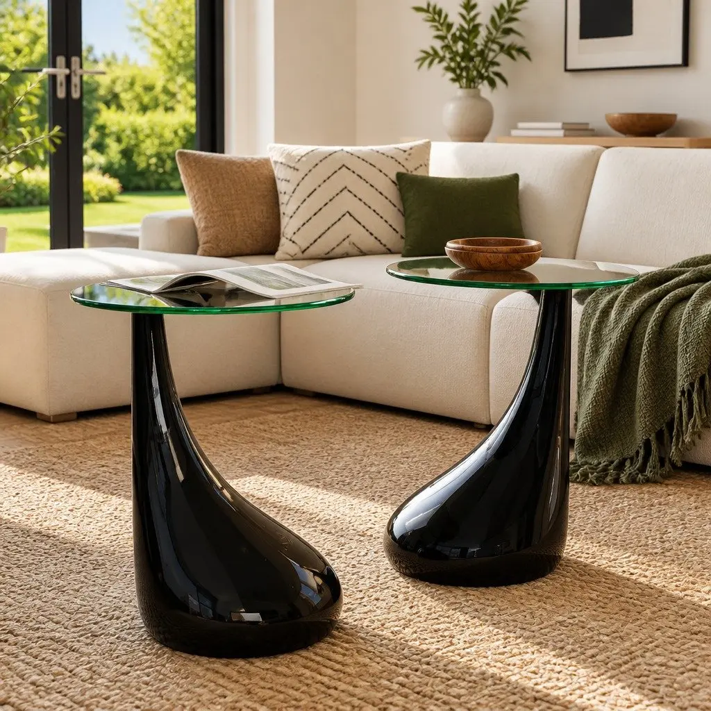 Coffee Table Set Round Glass Top High Gloss Black 2 Piece