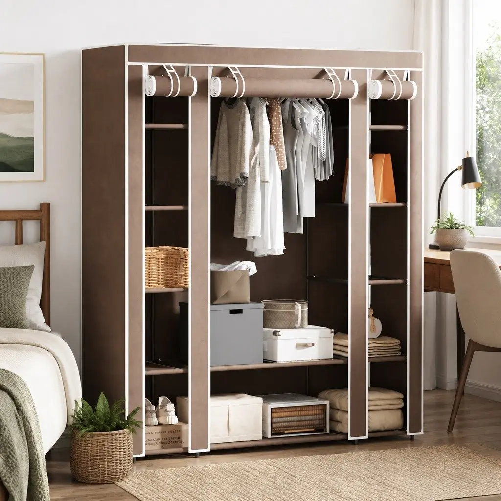 Portable Wardrobe Cabinet Storage Closet Compartments Rods Brown Fabric