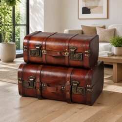Wooden Storage Chests 2 Pieces Vintage Brown Treasure Trunk Box with Latch
