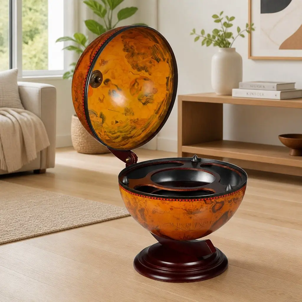 Tabletop Globe Bar Rotating Storage Cabinet Brown Wood Home Decor