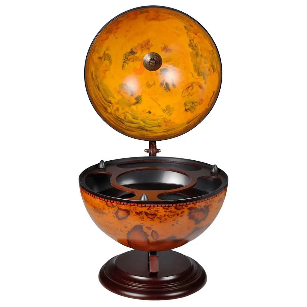 Tabletop Globe Bar Rotating Storage Cabinet Brown Wood Home Decor