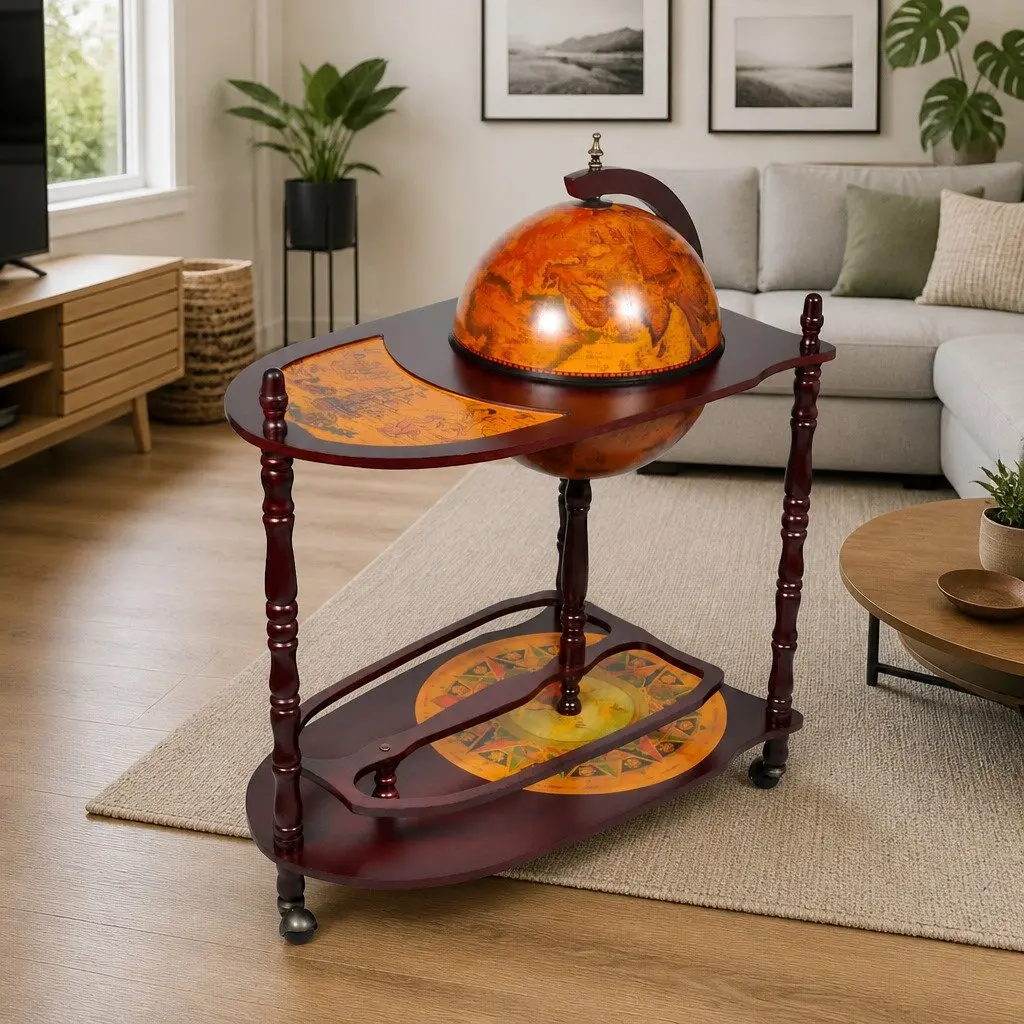 Globe Bar Cabinet Freestanding Wooden Storage Display Brown