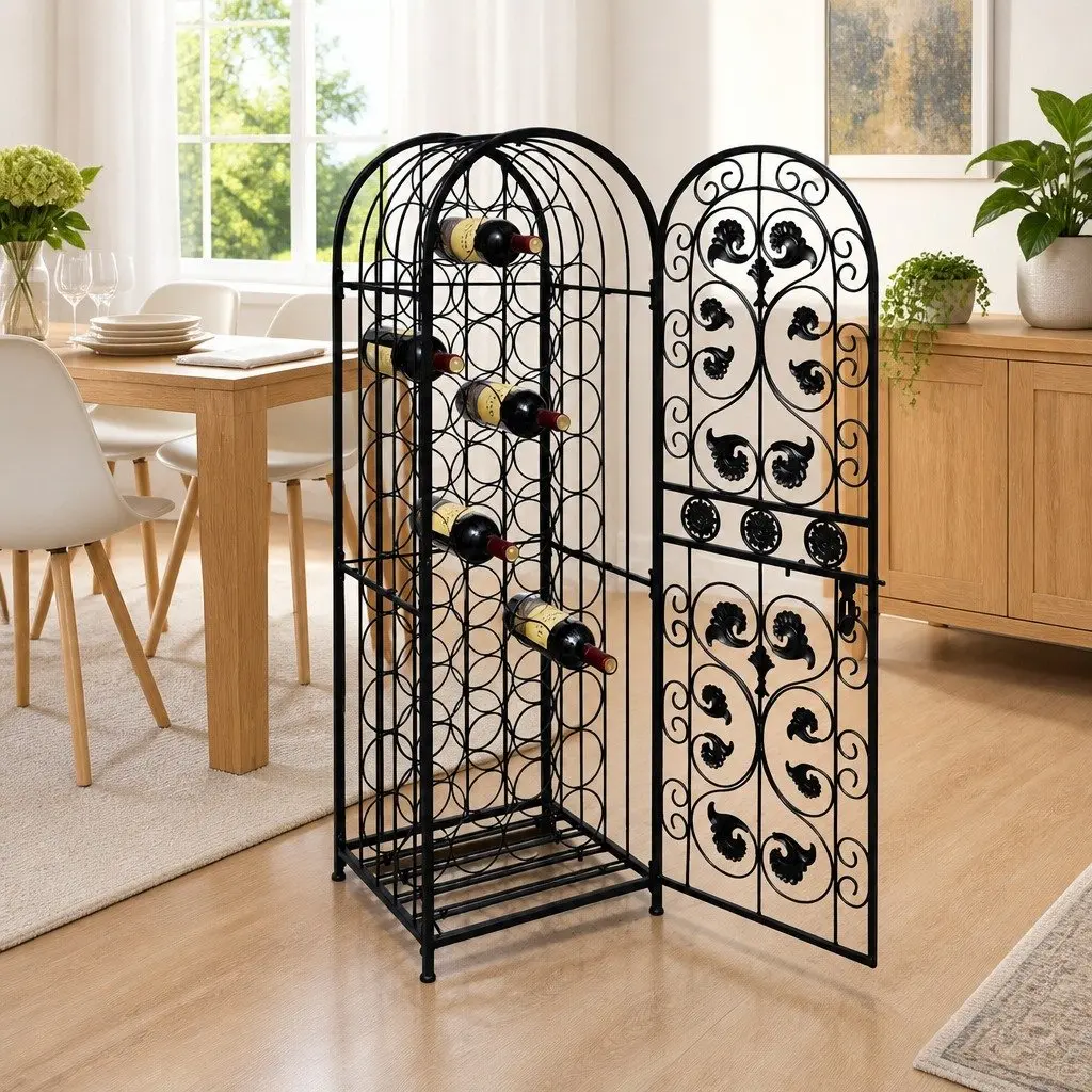 Wine Rack Floor Standing 45 Bottle Storage Cabinet Black Wrought Iron