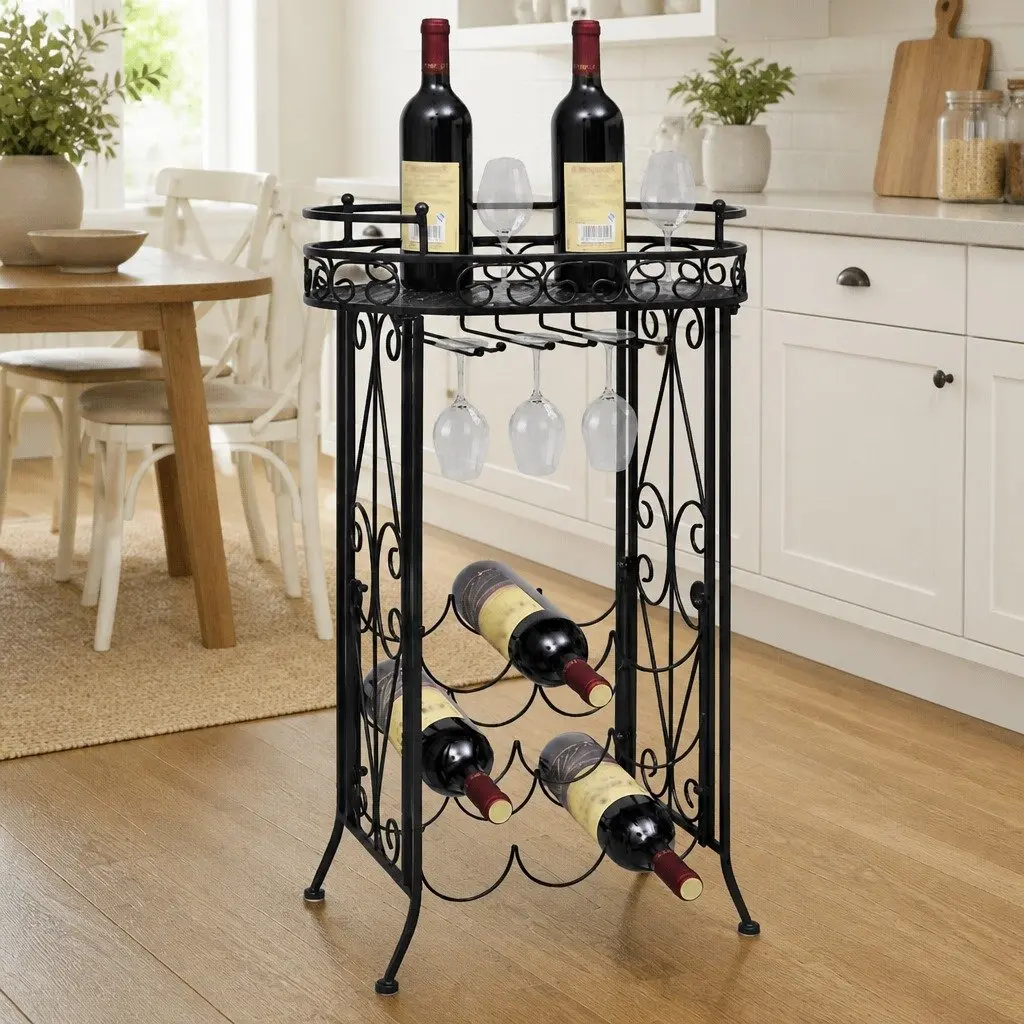 Wine Rack with Glass Holder 9 Bottles Floor Standing Storage Metal Black