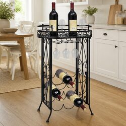 Wine Rack with Glass Holder 9 Bottles Floor Standing Storage Metal Black