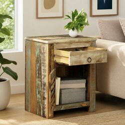 Reclaimed Wood End Table with Drawer and Door Storage Bedside Nightstand