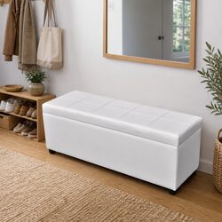 Wooden Storage Bench White Padded Seat Entryway Hallway Furniture Hidden