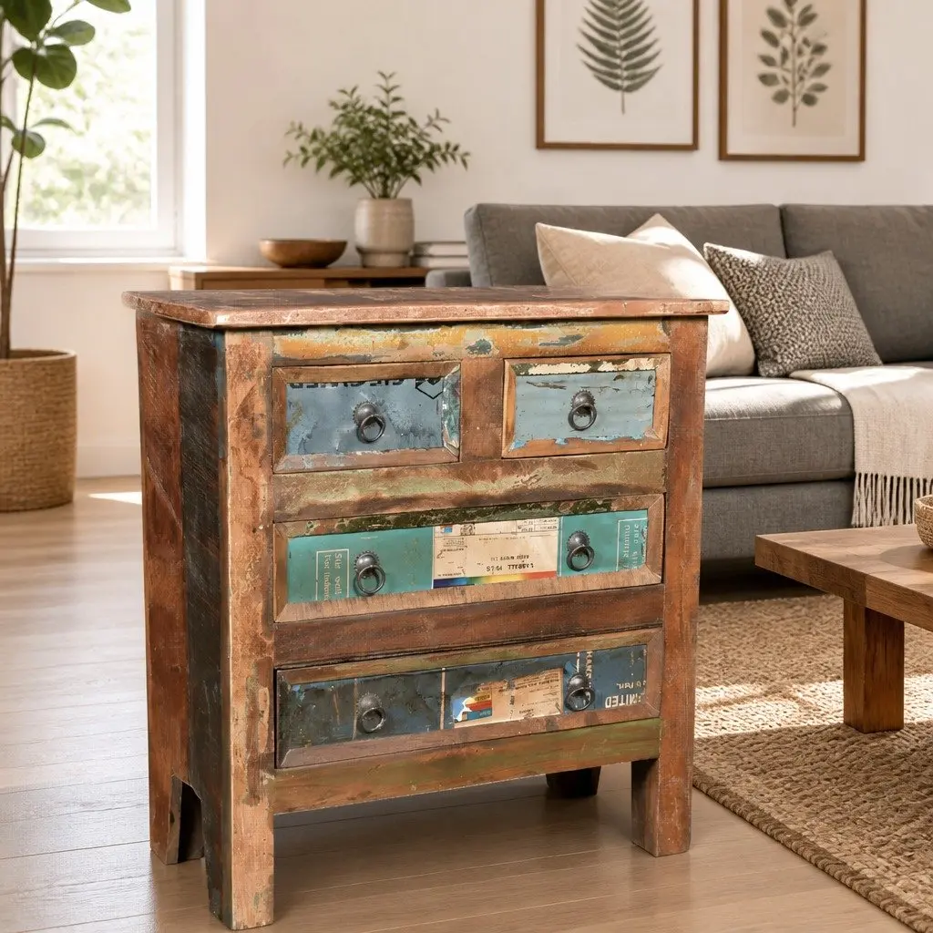 Reclaimed Wood Chest of Drawers Cabinet Storage 4 Drawer Brown Bedroom Furniture