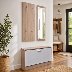 Wooden Shoe Cabinet 3-in-1 Set with Mirror and Coat Rack Hallway Storage