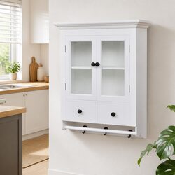 Wooden Kitchen Wall Cabinet Glass Door White Storage Shelves Drawers Hooks