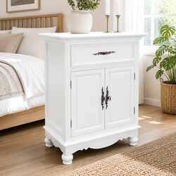 White Wooden Floor Cabinet 2 Doors 1 Drawer Storage Organizer Furniture