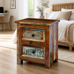 Bedside Table with 2 Drawers Solid Reclaimed Wood Nightstand Storage Cabinet