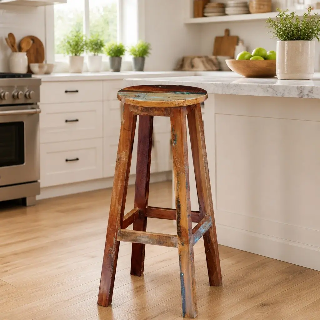 Bar Stool Reclaimed Wood Brown Antique Style Footrest