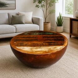 Coffee Table Bowl Shape Reclaimed Wood Steel Base Antique Brown Handmade Accent