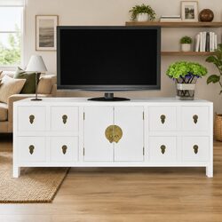 Wooden Sideboard White Asian Style Storage Cabinet with 8 Drawers 2 Doors