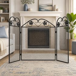 3-Panel Fireplace Screen Black Spark Guard Folding Safety Barrier Fireplace