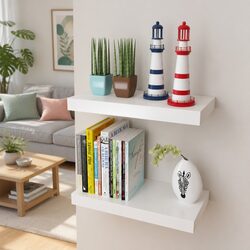 Wall Display Shelves White MDF Floating Book DVD Storage Hanging Ledge Set of 2
