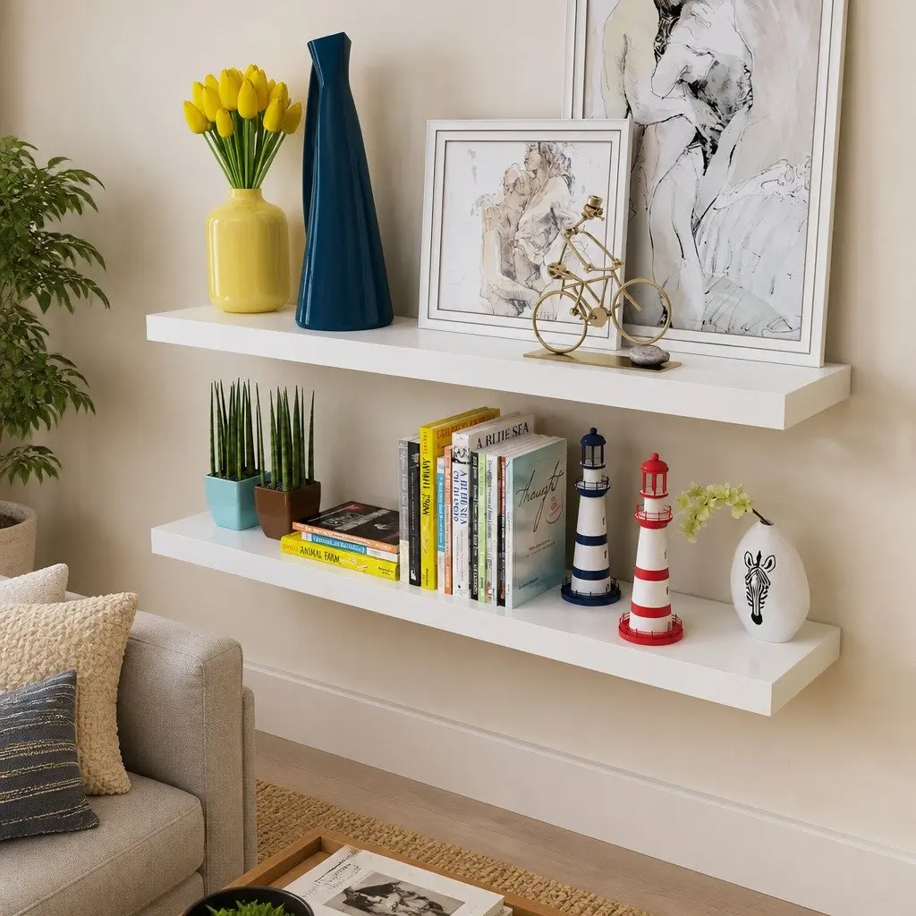 Wall Shelves Set of 2 Floating Display Storage White MDF