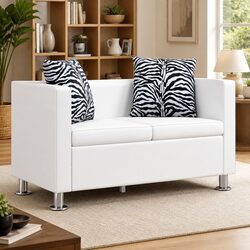 2-Seater Sofa Artificial Leather White Modern Lounge Couch Padded Cushions