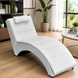 Chaise Longue White Faux Leather Lounger with Pillow Modern Living Room