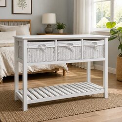 White Storage Sideboard with Woven Baskets Bedroom Hallway Bathroom Cabinet