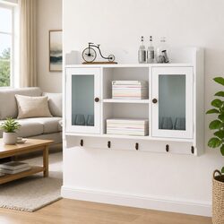 Wall Display Cabinet White MDF Glass Doors Storage Shelf Book DVD Organizer