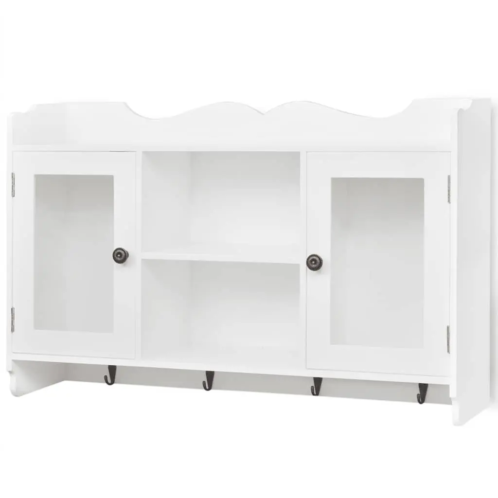 Wall Display Cabinet White MDF Glass Doors Storage Shelf with 4 Hooks