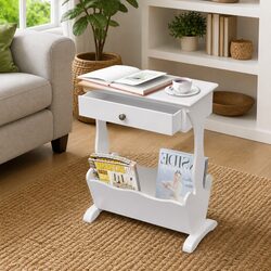 White Magazine Rack with Drawer Storage Cabinet Side Table Bedroom Living Room