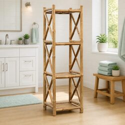 Bamboo Shelf 4-Tier Square Standing Bookcase Storage Rack Brown Display