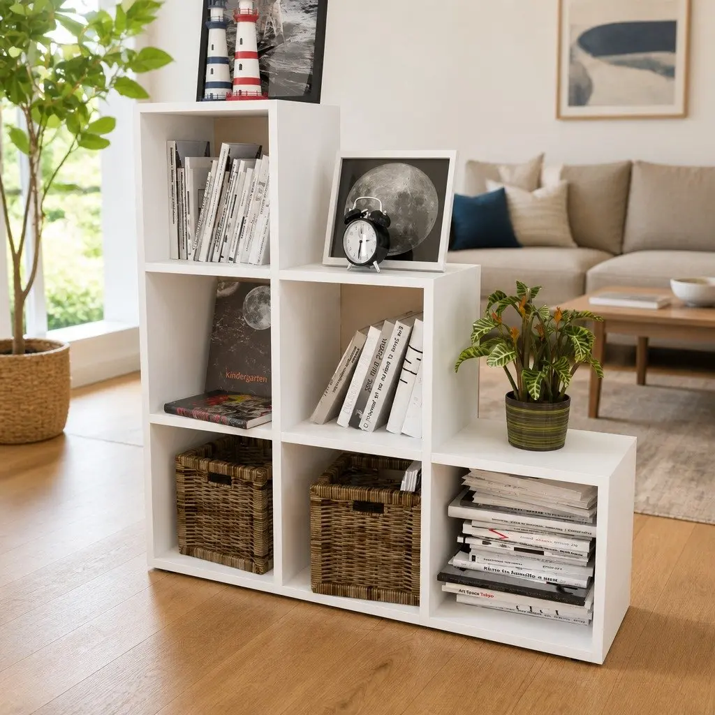 Staircase Bookcase 107cm White 6 Compartments Open Display Standing Shelf Unit