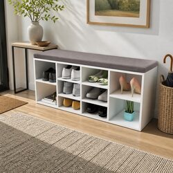Shoe Storage Bench 10 Compartments Entryway Seating Organizer White Furniture