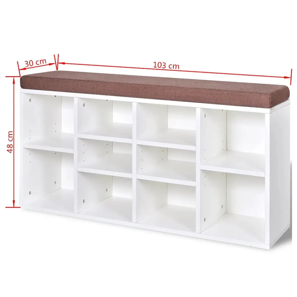 Shoe Storage Bench 10 Compartments Foam Padded Top White