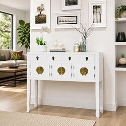Sideboard Asian Style Solid Wood White Storage Cabinet 4 Drawers 3 Cupboards
