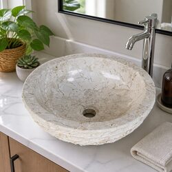 Round Marble Bathroom Basin 40cm Cream Wash Sink Natural Stone