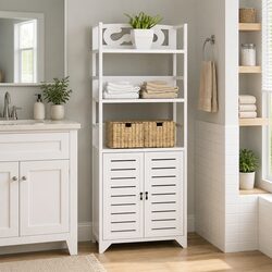 Bathroom Storage Cabinet White Wooden Floor Standing Cupboard with Shelves Doors