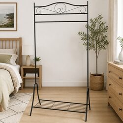 Clothing Rack Black Steel Garment Storage Organiser with Shelf and Hanging Bar