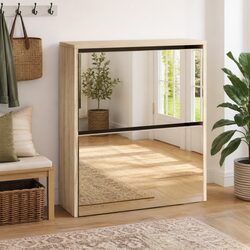Shoe Cabinet 2-Layer Mirror Brown Wall Mounted Storage Organiser Drawer
