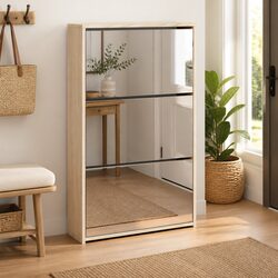Shoe Cabinet 3-Layer Mirror Wall Mount Organiser Brown Storage Rack Hallway