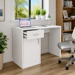 White Desk with Drawer and Cabinet Modern Office Study Bedroom Furniture Storage
