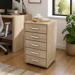 Office Drawer Unit with Castors 5 Drawers Storage Cabinet Wheels Brown