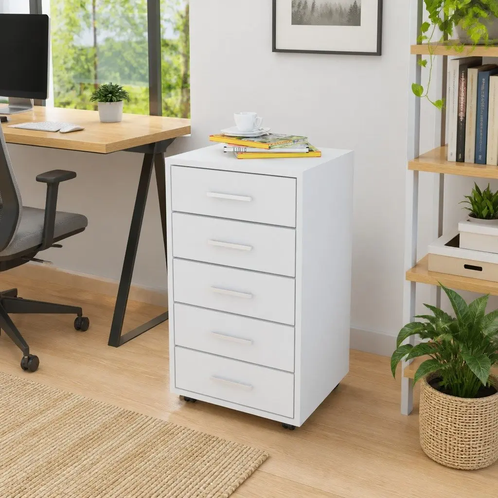 Office Storage Cabinet Modern 5 Drawer Unit White with Castors Wheels